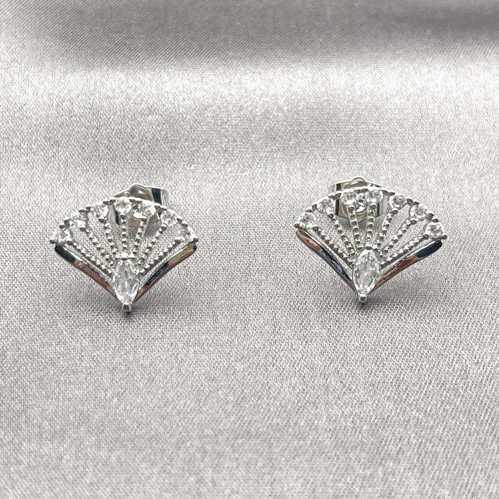 White Gold Filled Stud Earring, Peacock Design, with White Cubic Zirconia, Polished, Rhodium Finish