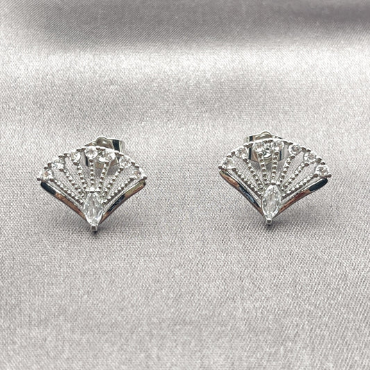 White Gold Filled Stud Earring, Peacock Design, with White Cubic Zirconia, Polished, Rhodium Finish