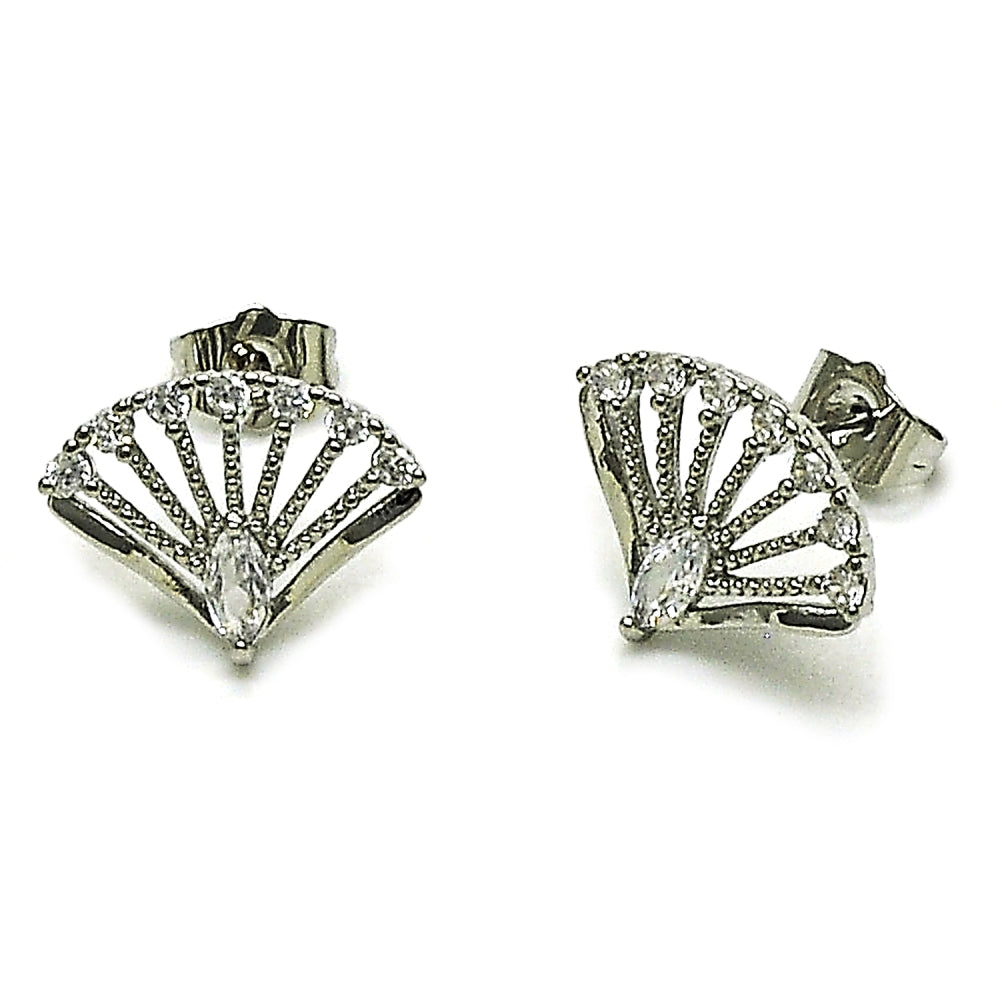 Rhodium Gold Filled Stud Earring, Peacock Design, with White Cubic Zirconia, Polished, Rhodium Finish