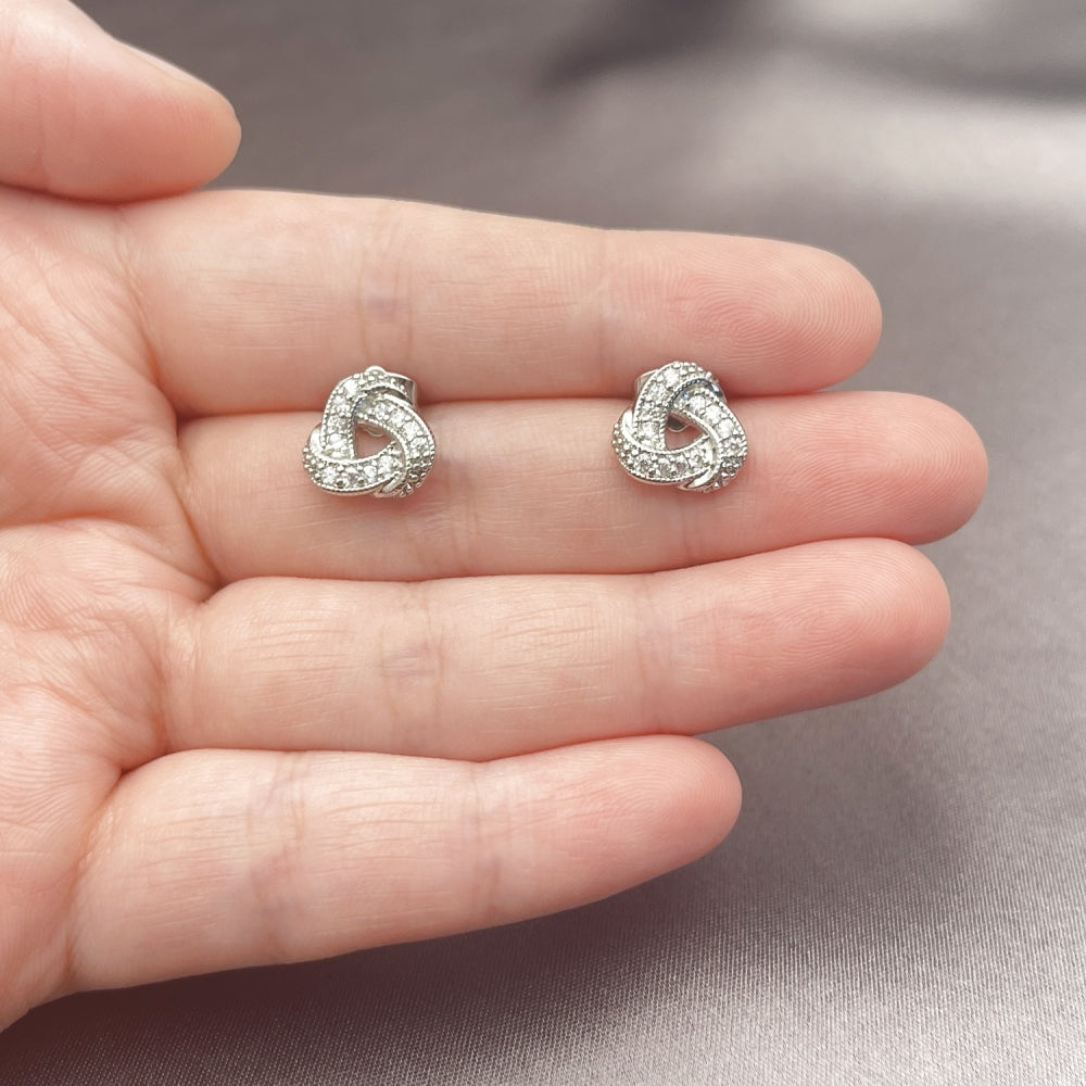 White Gold Filled Stud Earring, Love Knot Design, with White Cubic Zirconia, Polished, Rhodium Finish