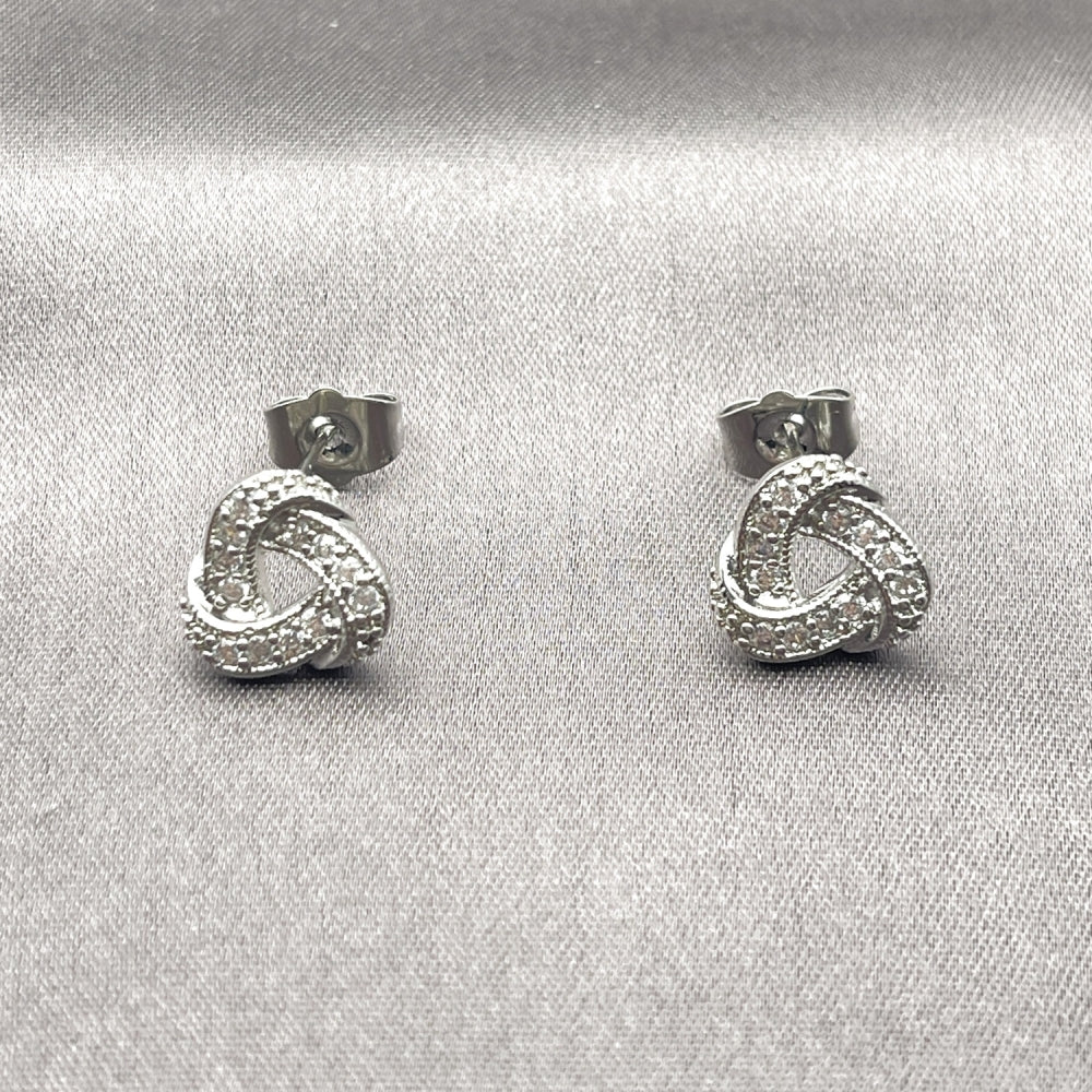 White Gold Filled Stud Earring, Love Knot Design, with White Cubic Zirconia, Polished, Rhodium Finish