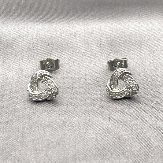 White Gold Filled Stud Earring, Love Knot Design, with White Cubic Zirconia, Polished, Rhodium Finish