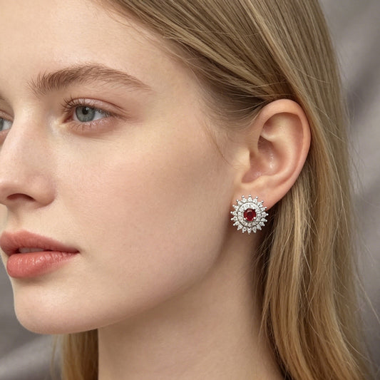 Rhodium Gold Filled Stud Earring, Cluster Design, with Garnet and White Cubic Zirconia, Polished, Rhodium Finish