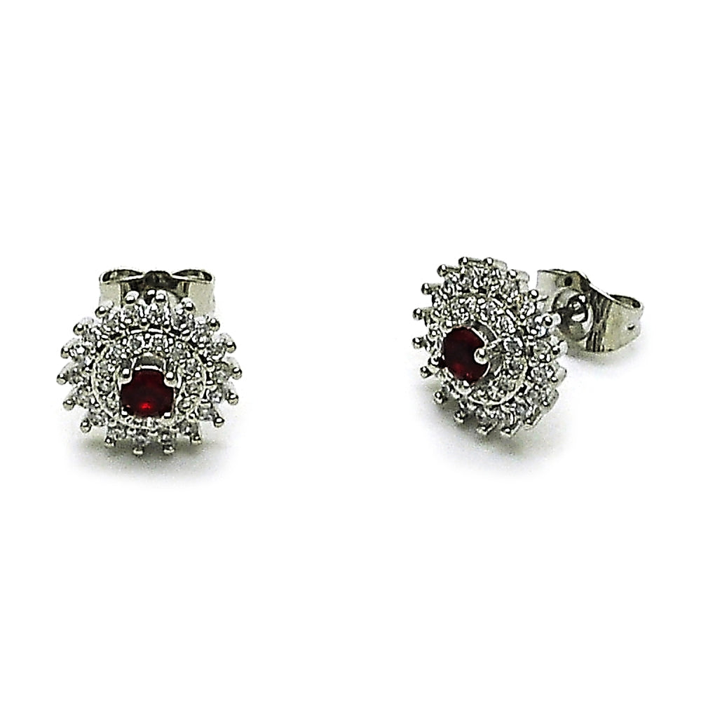 Rhodium Gold Filled Stud Earring, Cluster Design, with Garnet and White Cubic Zirconia, Polished, Rhodium Finish
