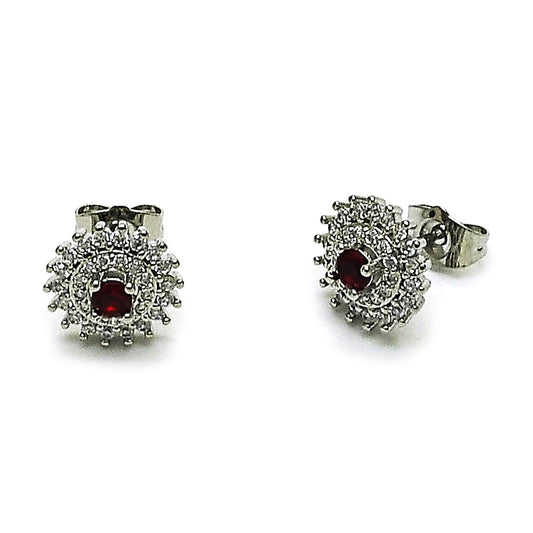 Rhodium Gold Filled Stud Earring, Cluster Design, with Garnet and White Cubic Zirconia, Polished, Rhodium Finish