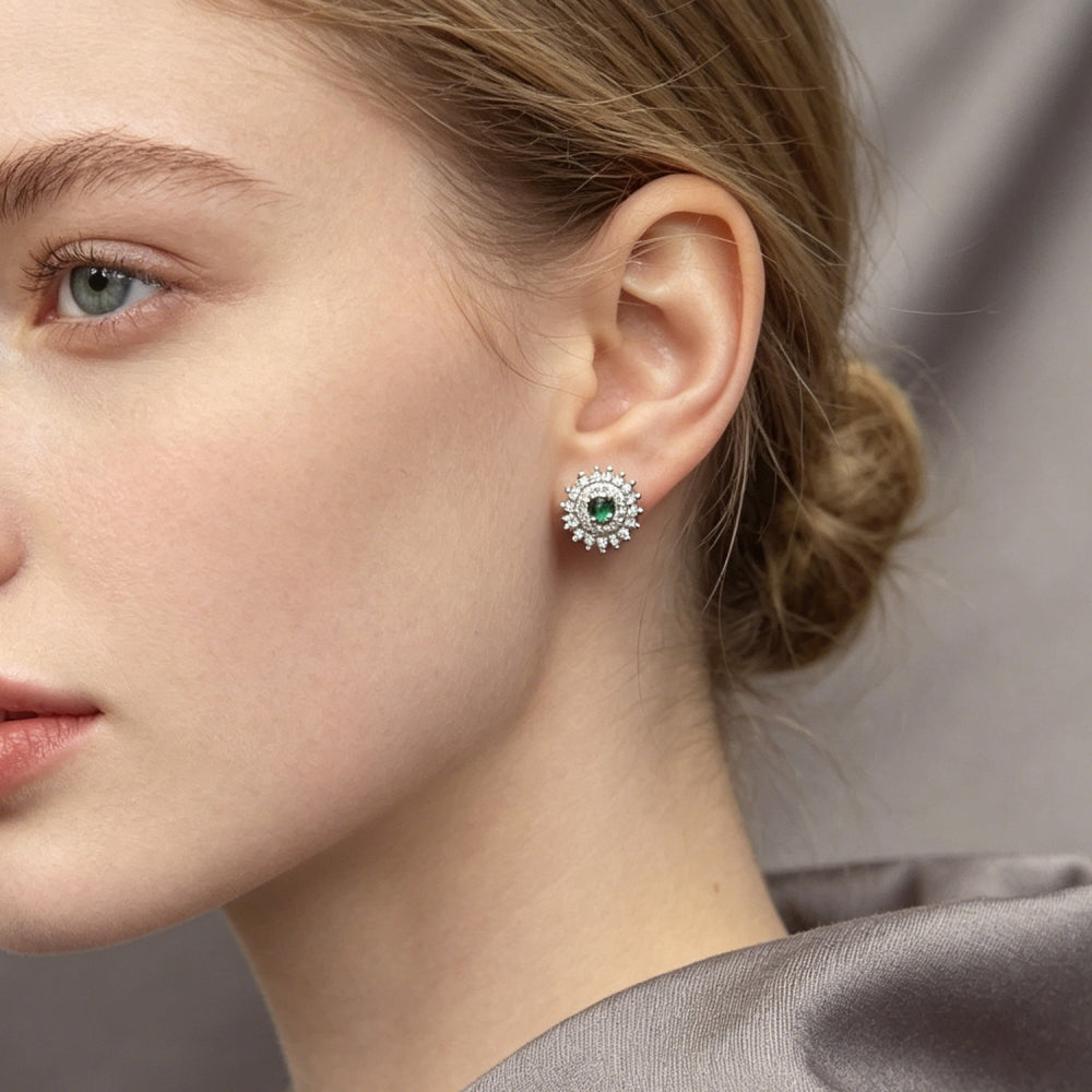 Rhodium Gold Filled Stud Earring, Cluster Design, with White and Green Cubic Zirconia, Polished, Rhodium Finish