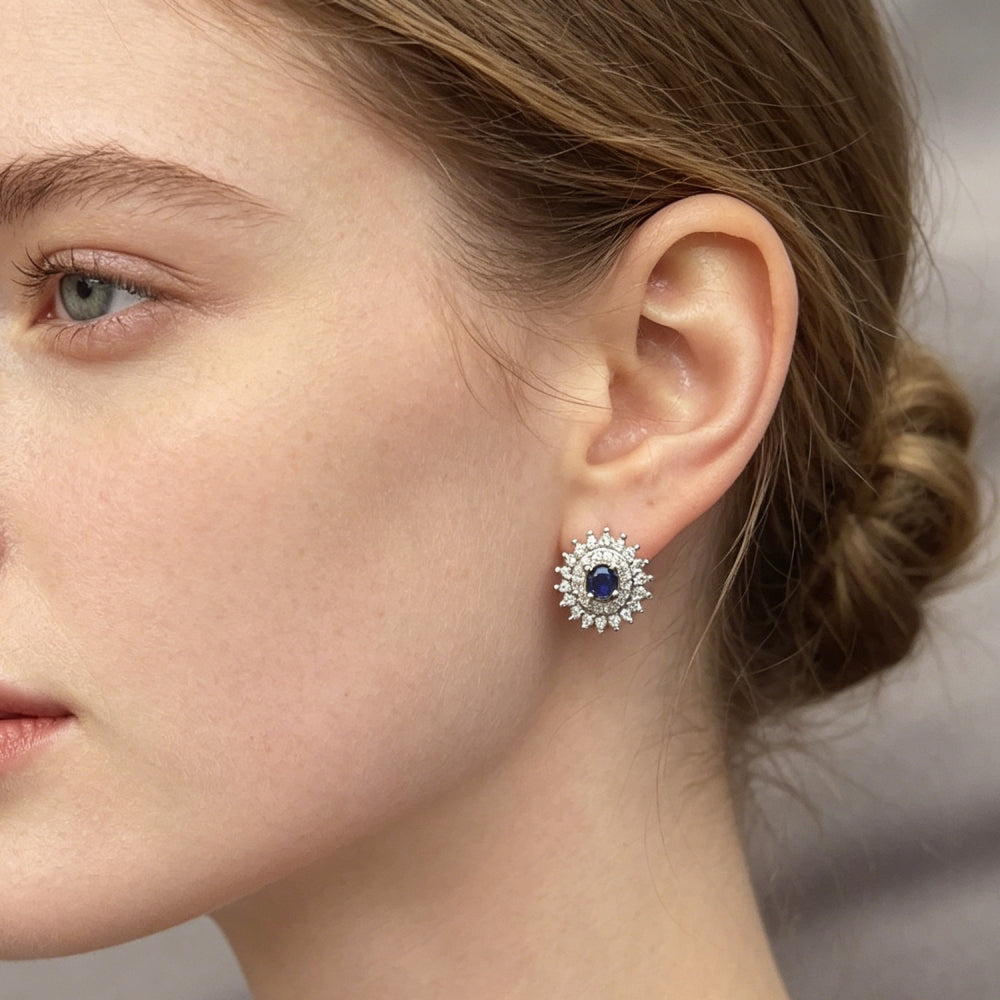 Rhodium Gold Filled Stud Earring, Cluster Design, with Sapphire Blue and White Cubic Zirconia, Polished, Rhodium Finish