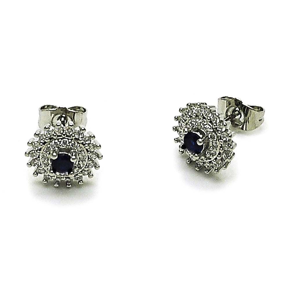 Rhodium Gold Filled Stud Earring, Cluster Design, with Sapphire Blue and White Cubic Zirconia, Polished, Rhodium Finish