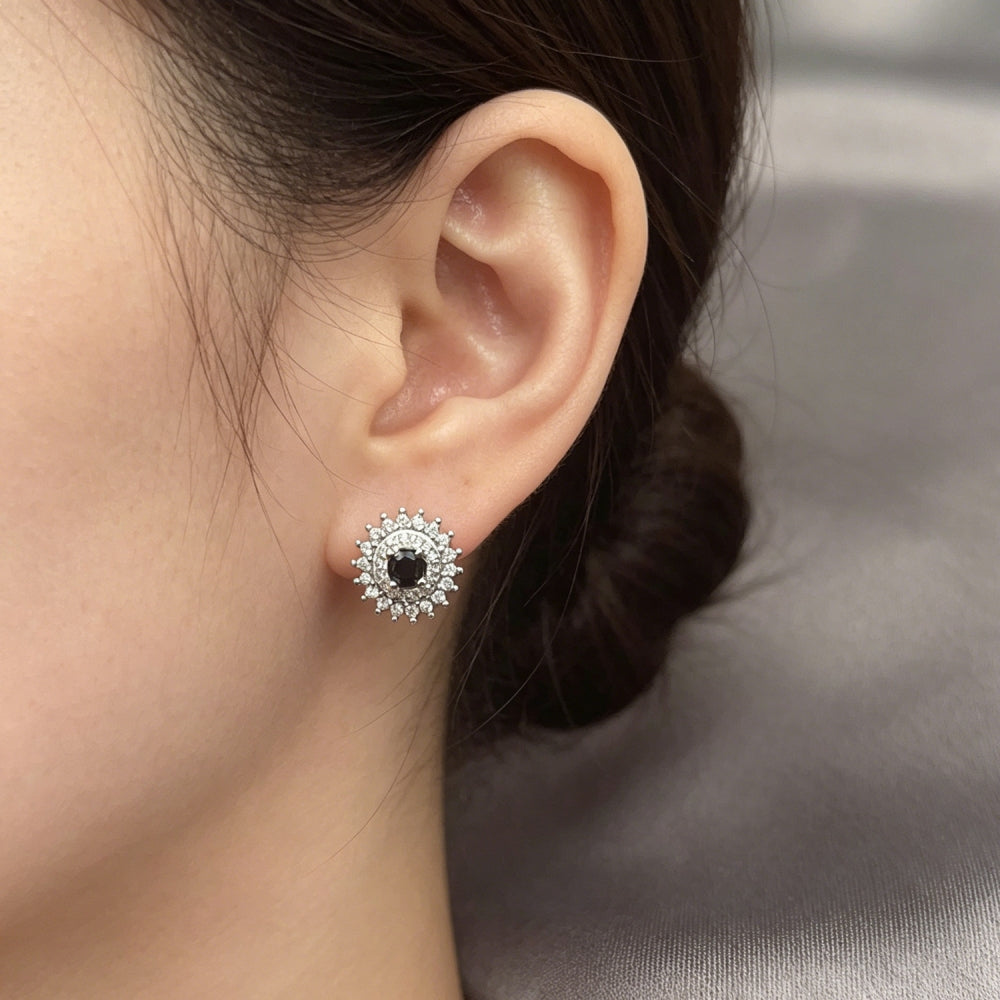 Rhodium Gold Filled Stud Earring, Cluster Design, with Black and White Cubic Zirconia, Polished, Rhodium Finish