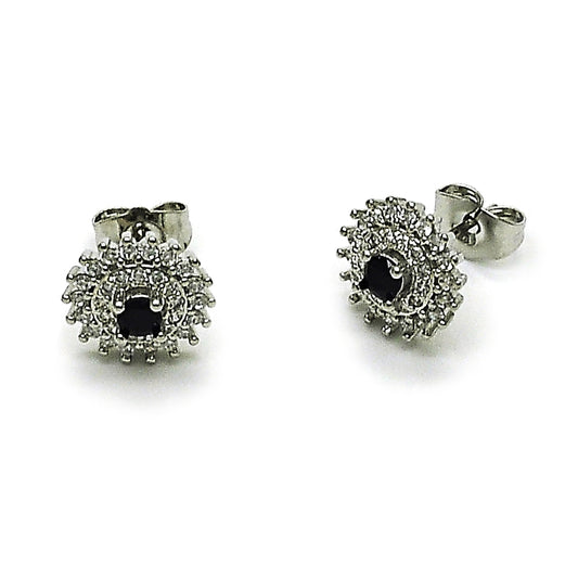 Rhodium Gold Filled Stud Earring, Cluster Design, with Black and White Cubic Zirconia, Polished, Rhodium Finish