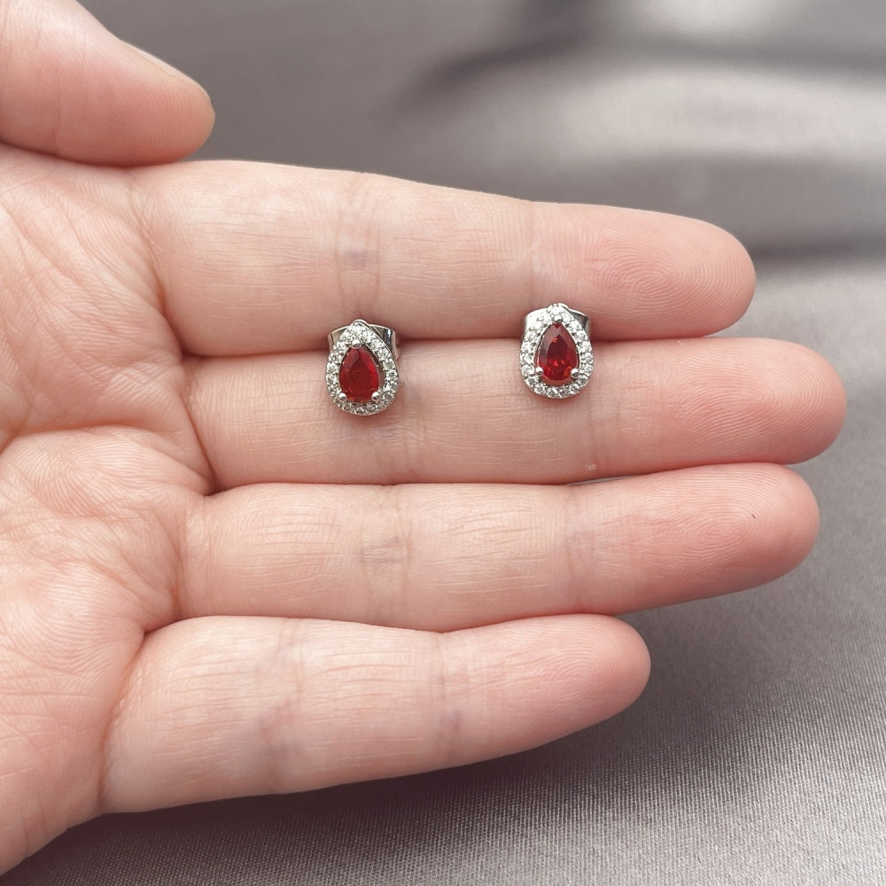 White Gold Filled Stud Earring, Teardrop and Cluster Design, with Garnet Cubic Zirconia and White Micro Pave, Polished, Rhodium Finish