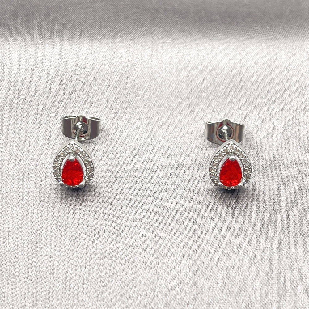 White Gold Filled Stud Earring, Teardrop and Cluster Design, with Garnet Cubic Zirconia and White Micro Pave, Polished, Rhodium Finish