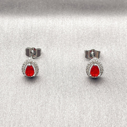 White Gold Filled Stud Earring, Teardrop and Cluster Design, with Garnet Cubic Zirconia and White Micro Pave, Polished, Rhodium Finish