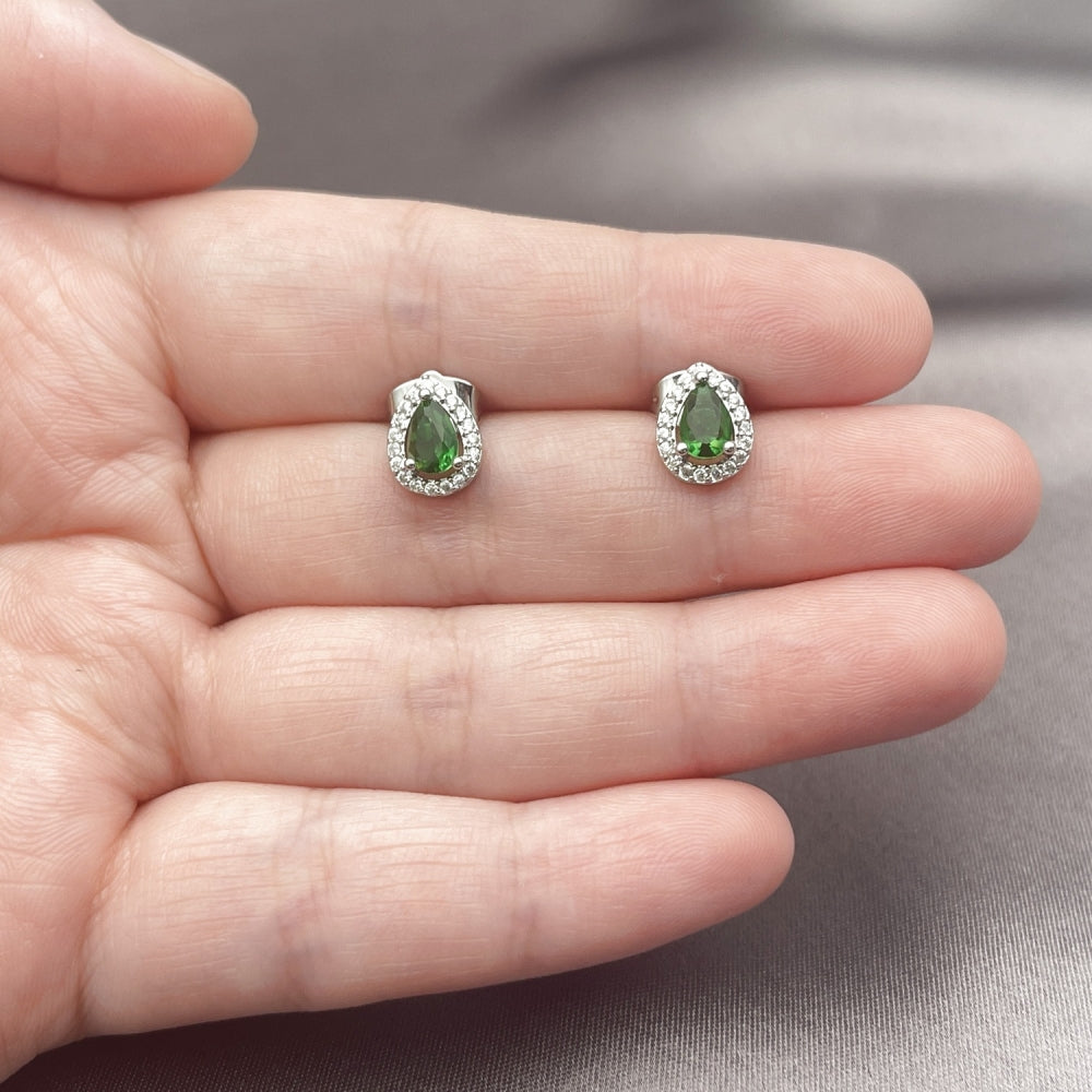 White Gold Filled Stud Earring, Teardrop and Cluster Design, with Green Cubic Zirconia and White Micro Pave, Polished, Rhodium Finish