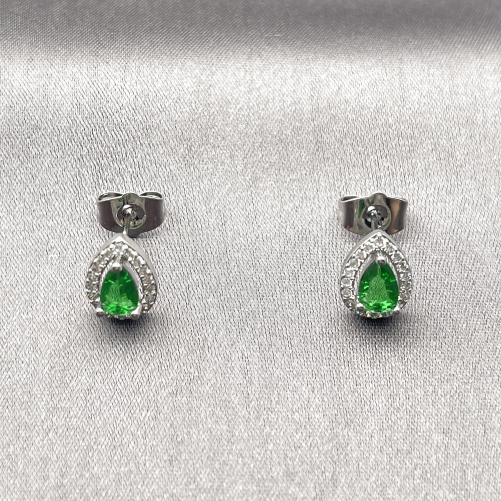White Gold Filled Stud Earring, Teardrop and Cluster Design, with Green Cubic Zirconia and White Micro Pave, Polished, Rhodium Finish