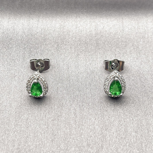 White Gold Filled Stud Earring, Teardrop and Cluster Design, with Green Cubic Zirconia and White Micro Pave, Polished, Rhodium Finish