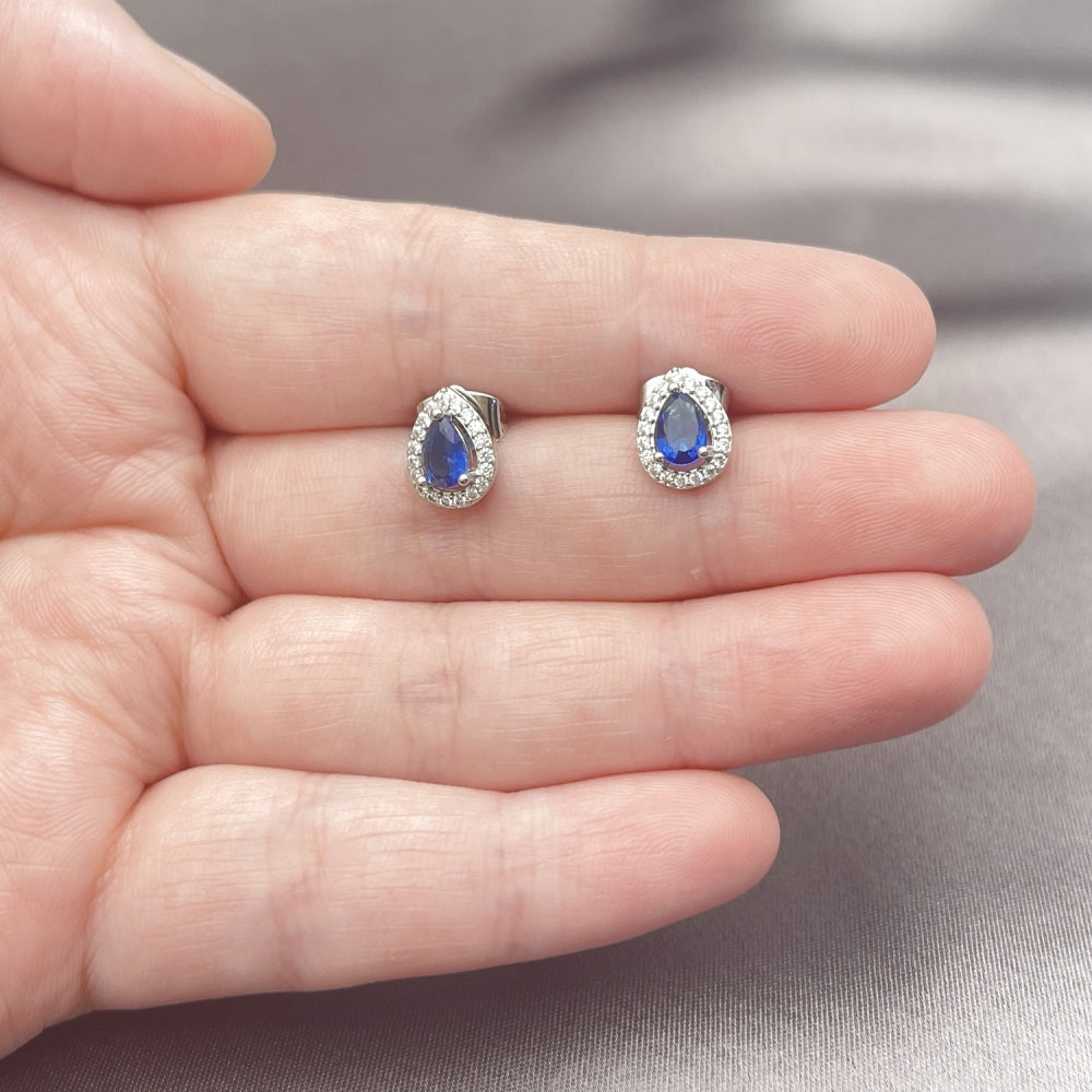 White Gold Filled Stud Earring, Teardrop and Cluster Design, with Sapphire Blue Cubic Zirconia and White Micro Pave, Polished, Rhodium Finish