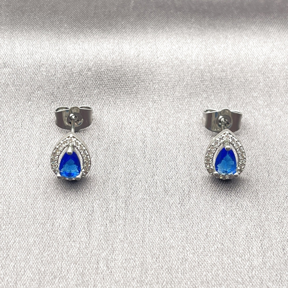 White Gold Filled Stud Earring, Teardrop and Cluster Design, with Sapphire Blue Cubic Zirconia and White Micro Pave, Polished, Rhodium Finish
