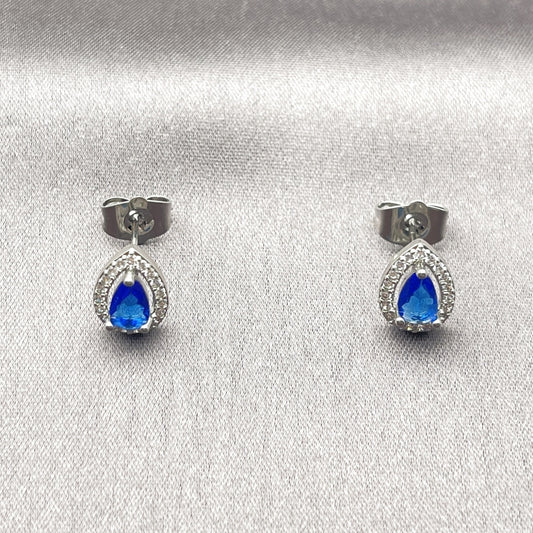White Gold Filled Stud Earring, Teardrop and Cluster Design, with Sapphire Blue Cubic Zirconia and White Micro Pave, Polished, Rhodium Finish