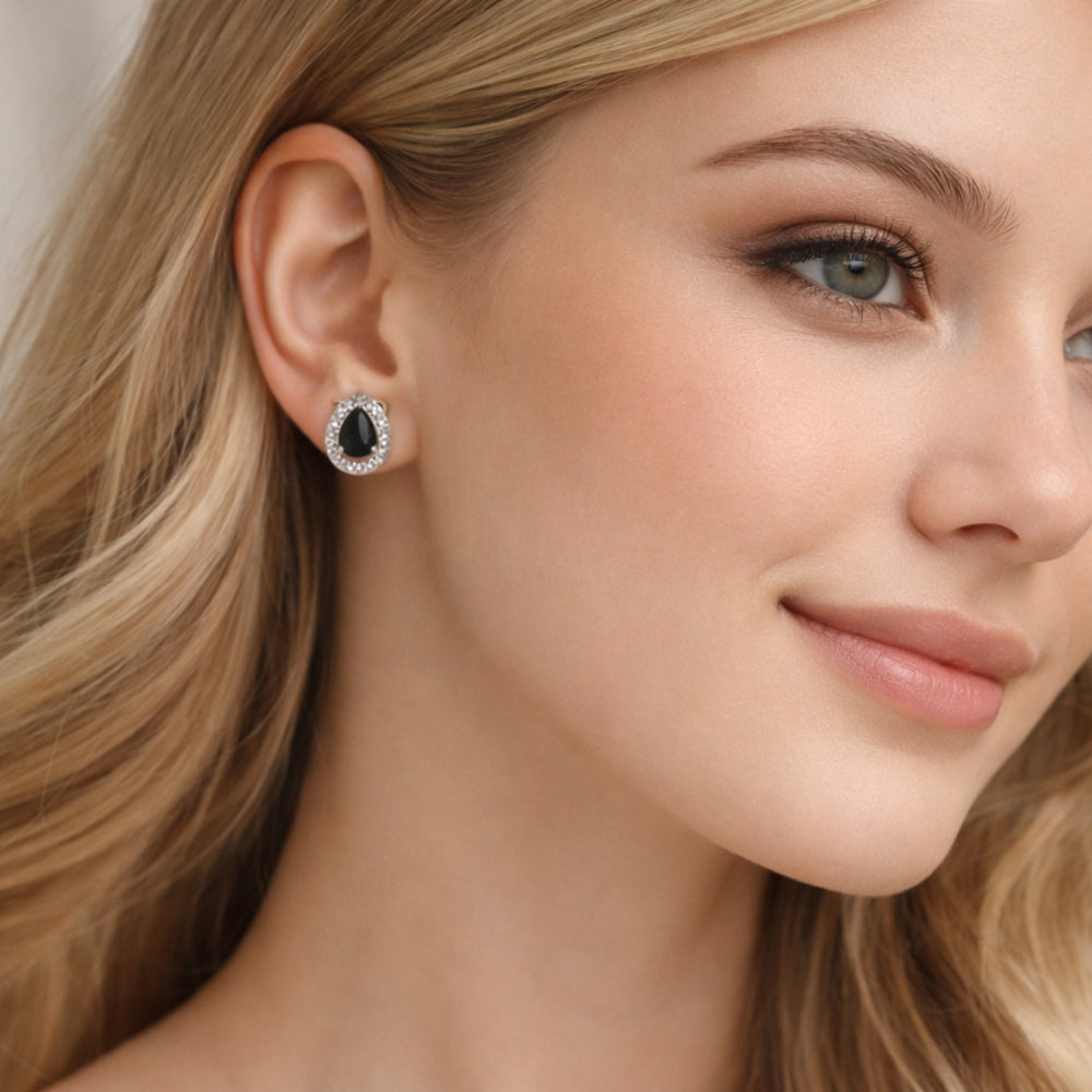 Rhodium Gold Filled Stud Earring, Teardrop and Cluster Design, with Black Cubic Zirconia and White Micro Pave, Polished, Rhodium Finish
