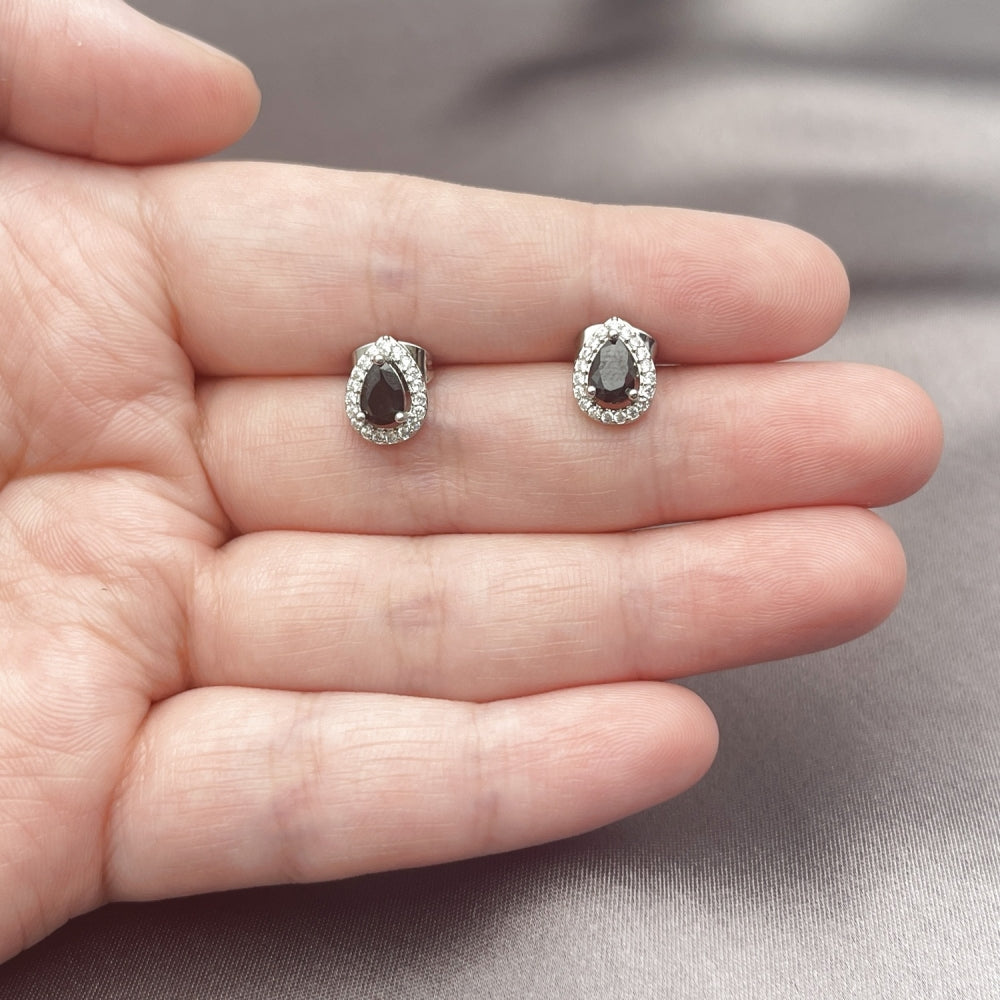 White Gold Filled Stud Earring, Teardrop and Cluster Design, with Black Cubic Zirconia and White Micro Pave, Polished, Rhodium Finish