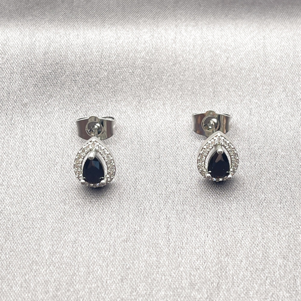 White Gold Filled Stud Earring, Teardrop and Cluster Design, with Black Cubic Zirconia and White Micro Pave, Polished, Rhodium Finish