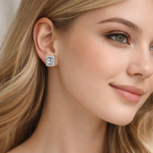 Rhodium Gold Filled Stud Earring, Cluster Design, with White Cubic Zirconia and White Micro Pave, Polished, Rhodium Finish