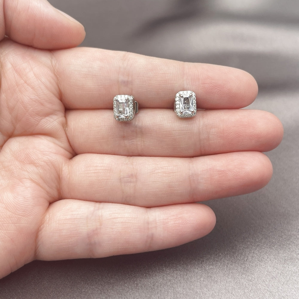 White Gold Filled Stud Earring, Cluster Design, with White Cubic Zirconia and White Micro Pave, Polished, Rhodium Finish