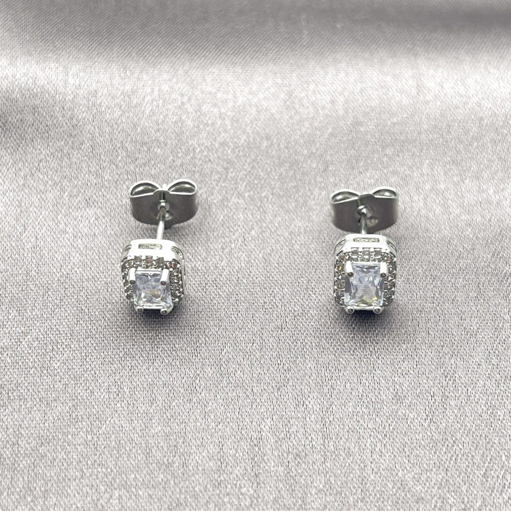 White Gold Filled Stud Earring, Cluster Design, with White Cubic Zirconia and White Micro Pave, Polished, Rhodium Finish