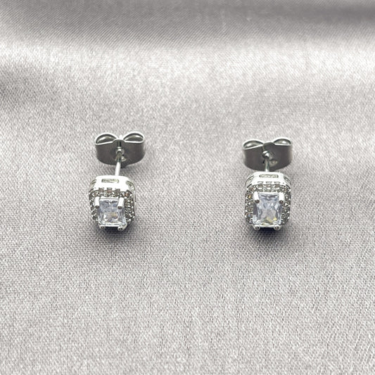 White Gold Filled Stud Earring, Cluster Design, with White Cubic Zirconia and White Micro Pave, Polished, Rhodium Finish