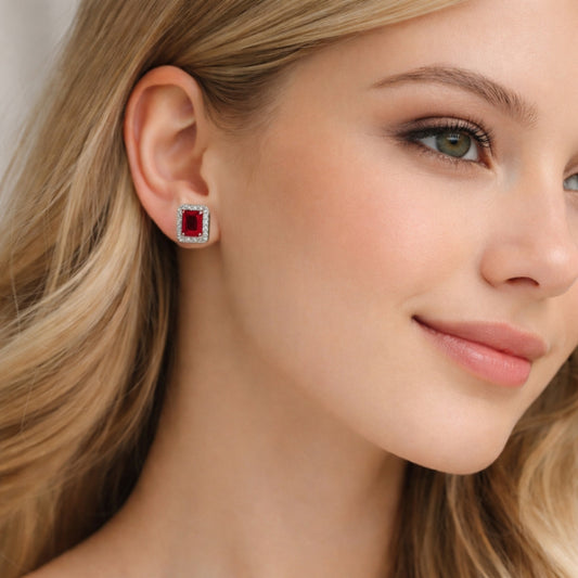 Rhodium Gold Filled Stud Earring, Cluster Design, with Garnet Cubic Zirconia and White Micro Pave, Polished, Rhodium Finish