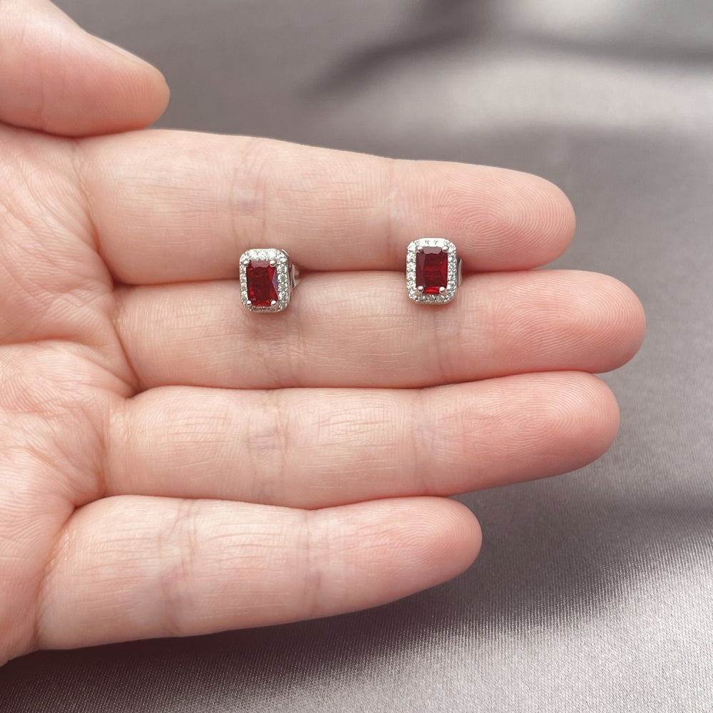 White Gold Filled Stud Earring, Cluster Design, with Garnet Cubic Zirconia and White Micro Pave, Polished, Rhodium Finish