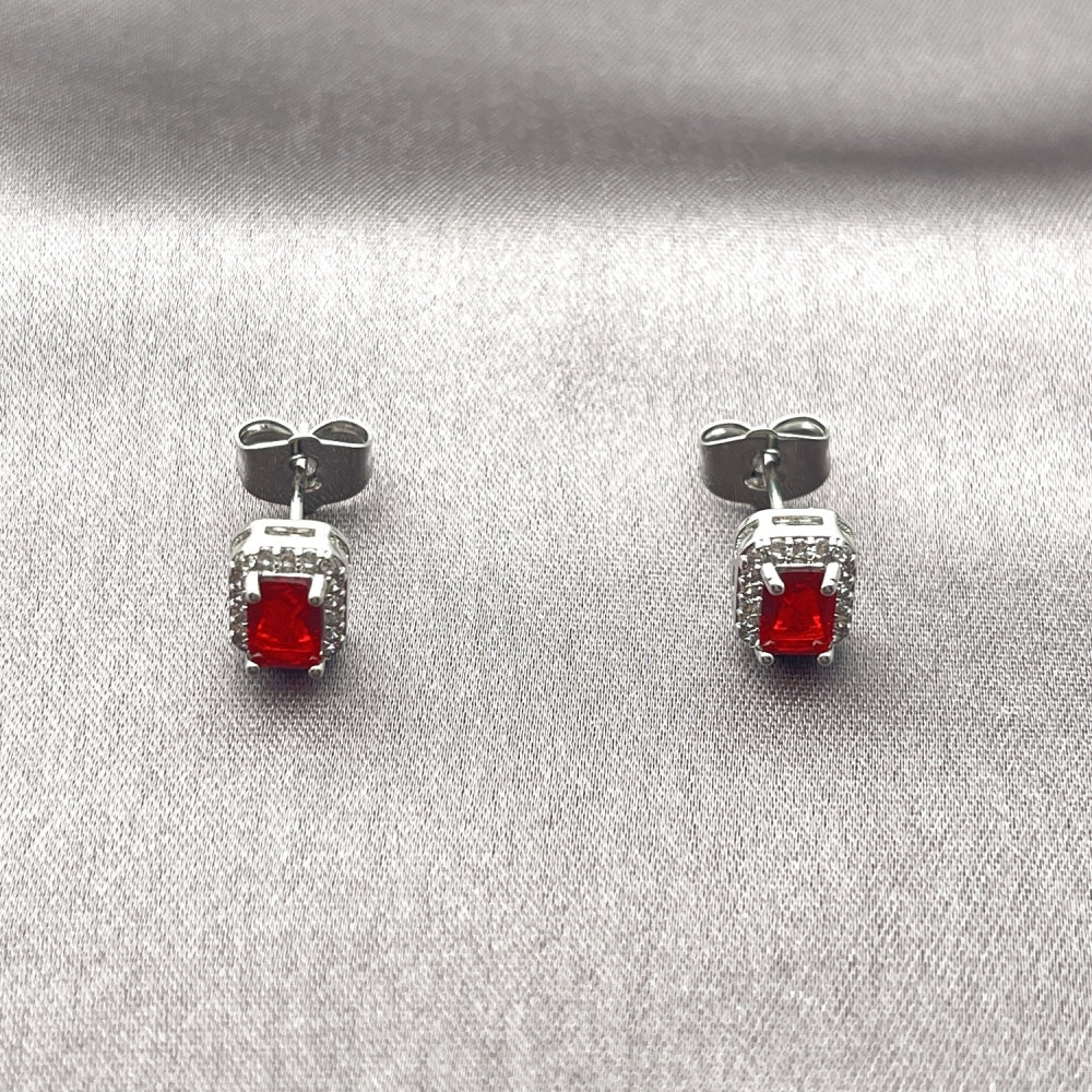 White Gold Filled Stud Earring, Cluster Design, with Garnet Cubic Zirconia and White Micro Pave, Polished, Rhodium Finish
