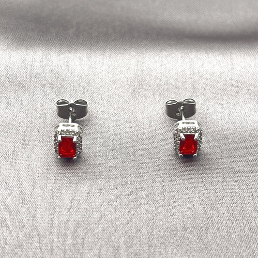 White Gold Filled Stud Earring, Cluster Design, with Garnet Cubic Zirconia and White Micro Pave, Polished, Rhodium Finish