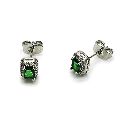 Rhodium Gold Filled Stud Earring, Cluster Design, with Green Cubic Zirconia and White Micro Pave, Polished, Rhodium Finish