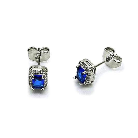Rhodium Gold Filled Stud Earring, Cluster Design, with Sapphire Blue Cubic Zirconia and White Micro Pave, Polished, Rhodium Finish