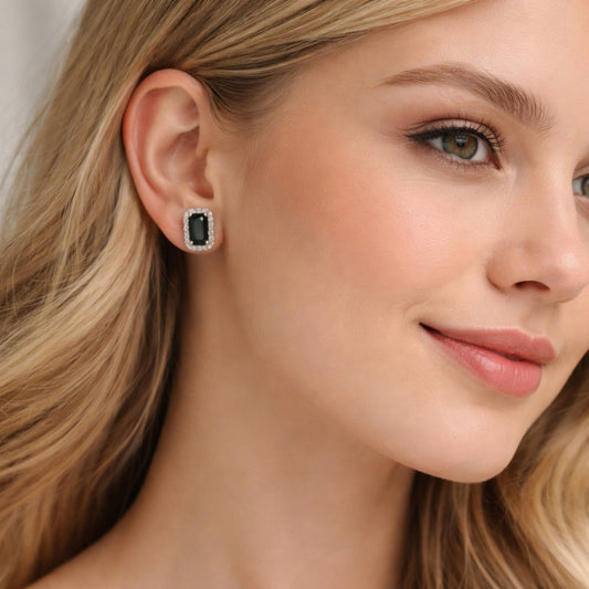 Rhodium Gold Filled Stud Earring, Cluster Design, with Black Cubic Zirconia and White Micro Pave, Polished, Rhodium Finish