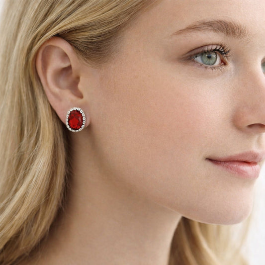 Rhodium Gold Filled Stud Earring, with Garnet Cubic Zirconia, Polished, Rhodium Finish