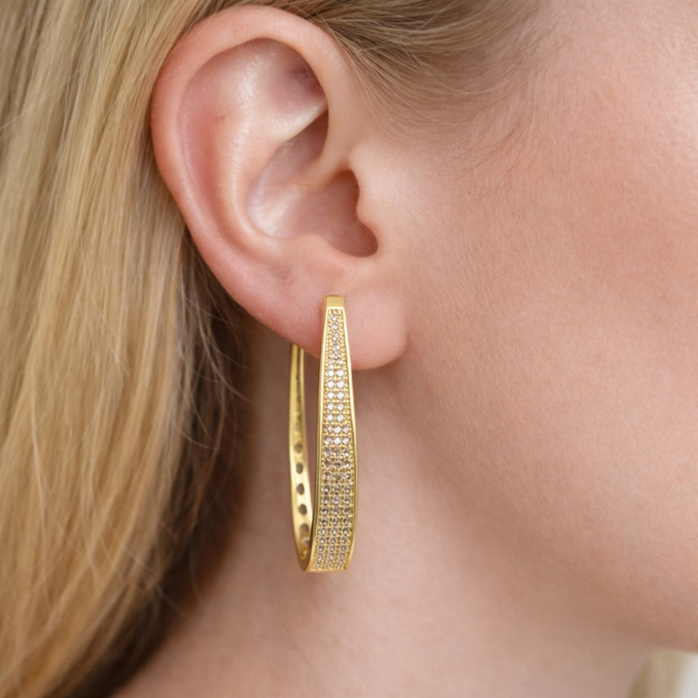 Oro Laminado Huggie Hoop, Gold Filled Style with White Micro Pave, Polished, Golden Finish