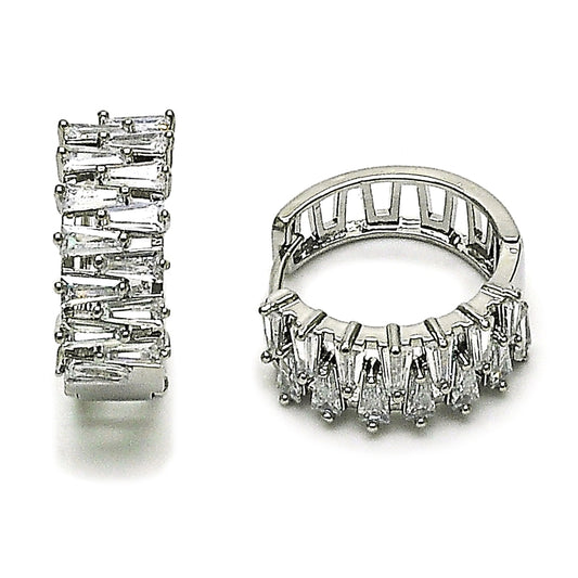 Rhodium Gold Filled Huggie Hoop, Baguette Design, with White Cubic Zirconia, Polished, Rhodium Finish