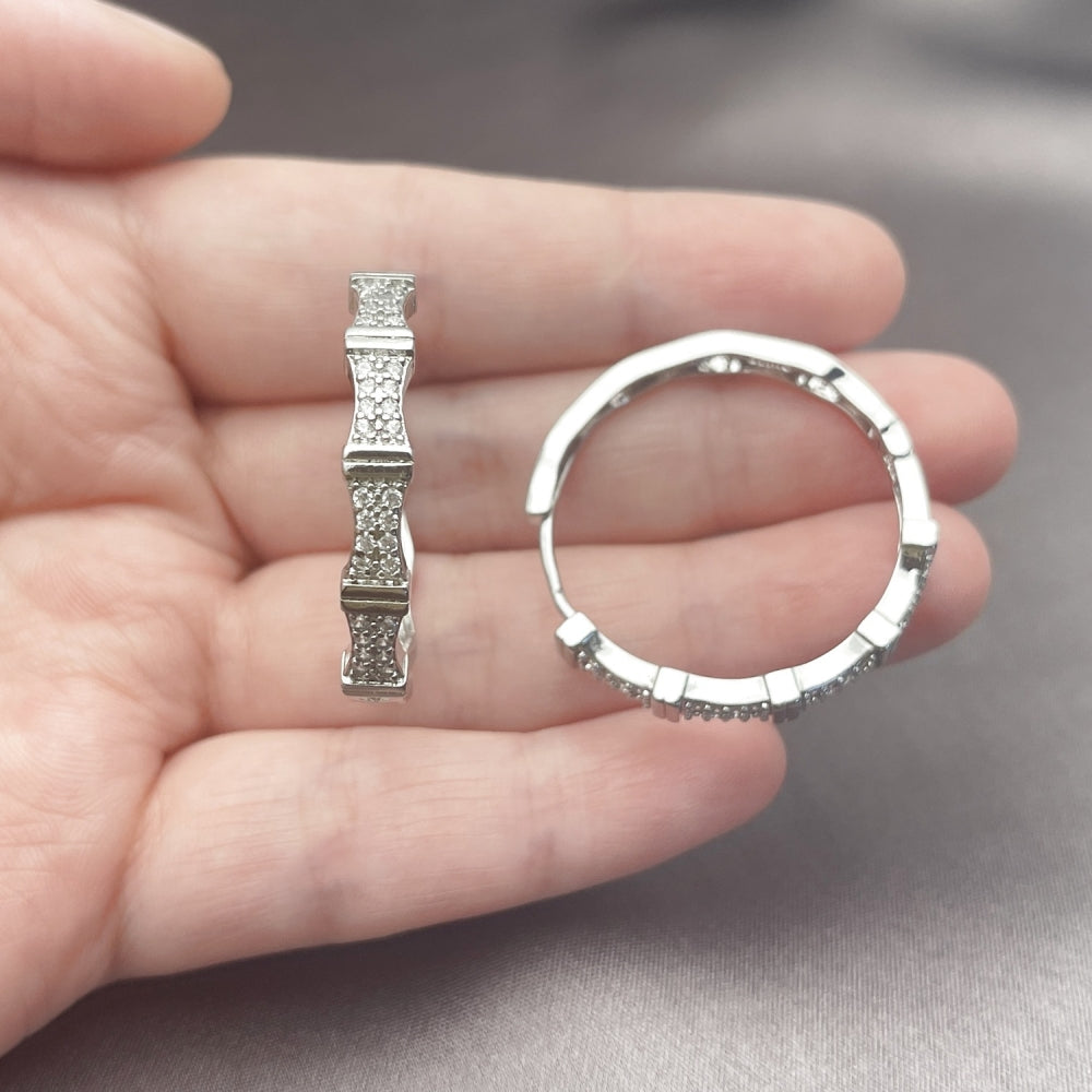 White Gold Filled Huggie Hoop, with White Micro Pave, Polished, Rhodium Finish