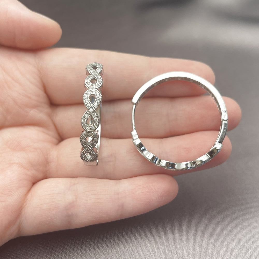White Gold Filled Huggie Hoop, Infinite Design, with White Micro Pave, Polished, Rhodium Finish