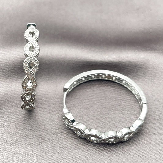 Rhodium Gold Filled Huggie Hoop, Infinite Design, with White Micro Pave, Polished, Rhodium Finish