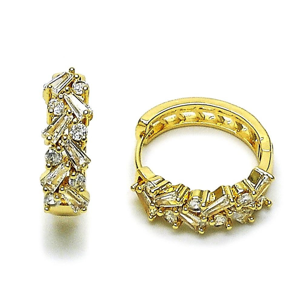 Oro Laminado Huggie Hoop, Gold Filled Style Baguette Design, with White Cubic Zirconia, Polished, Golden Finish