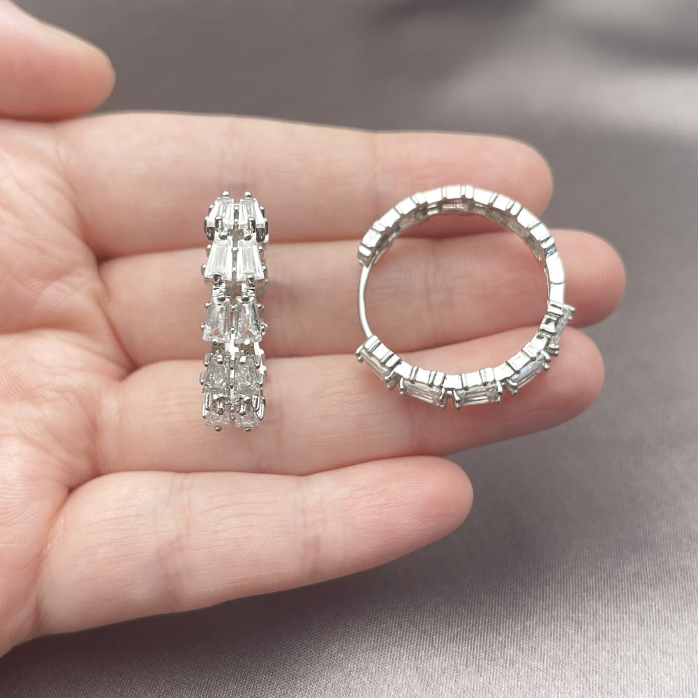 White Gold Filled Huggie Hoop, Baguette Design, with White Cubic Zirconia, Polished, Rhodium Finish