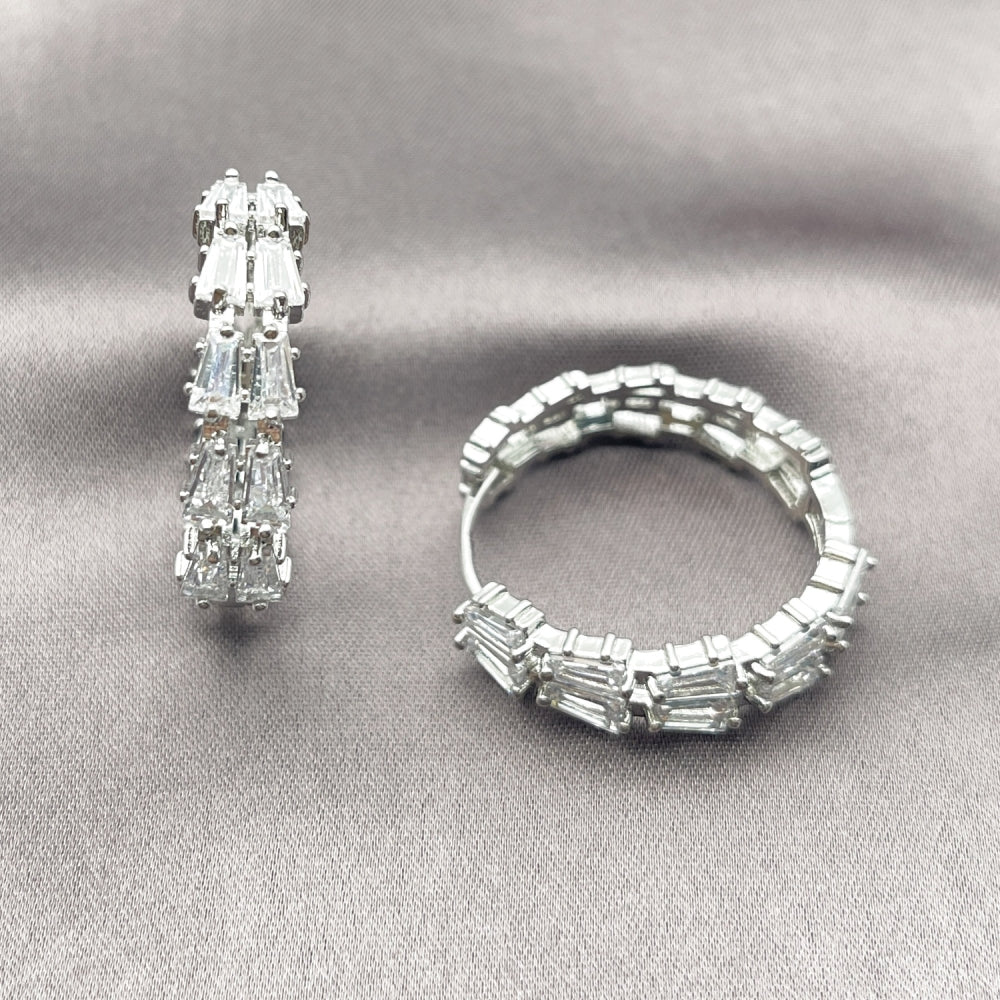 White Gold Filled Huggie Hoop, Baguette Design, with White Cubic Zirconia, Polished, Rhodium Finish