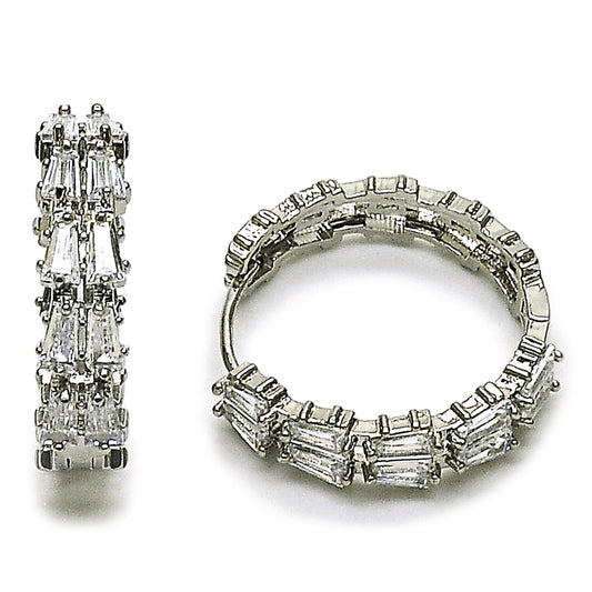 Rhodium Gold Filled Huggie Hoop, Baguette Design, with White Cubic Zirconia, Polished, Rhodium Finish
