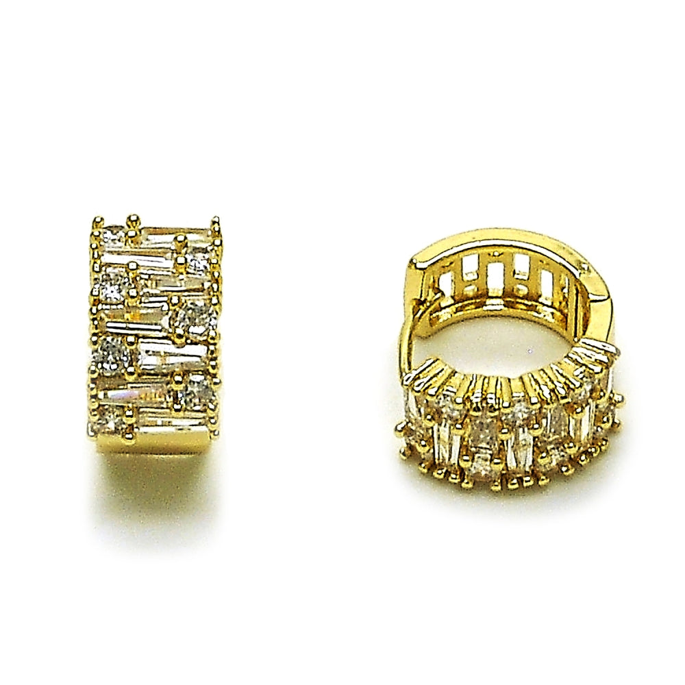 Oro Laminado Huggie Hoop, Gold Filled Style Baguette Design, with White Cubic Zirconia, Polished, Golden Finish