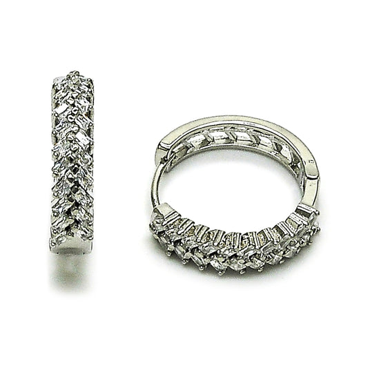 Rhodium Gold Filled Huggie Hoop, Baguette Design, with White Cubic Zirconia, Polished, Rhodium Finish