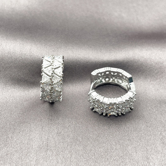 Rhodium Gold Filled Huggie Hoop, with White Cubic Zirconia, Polished, Rhodium Finish